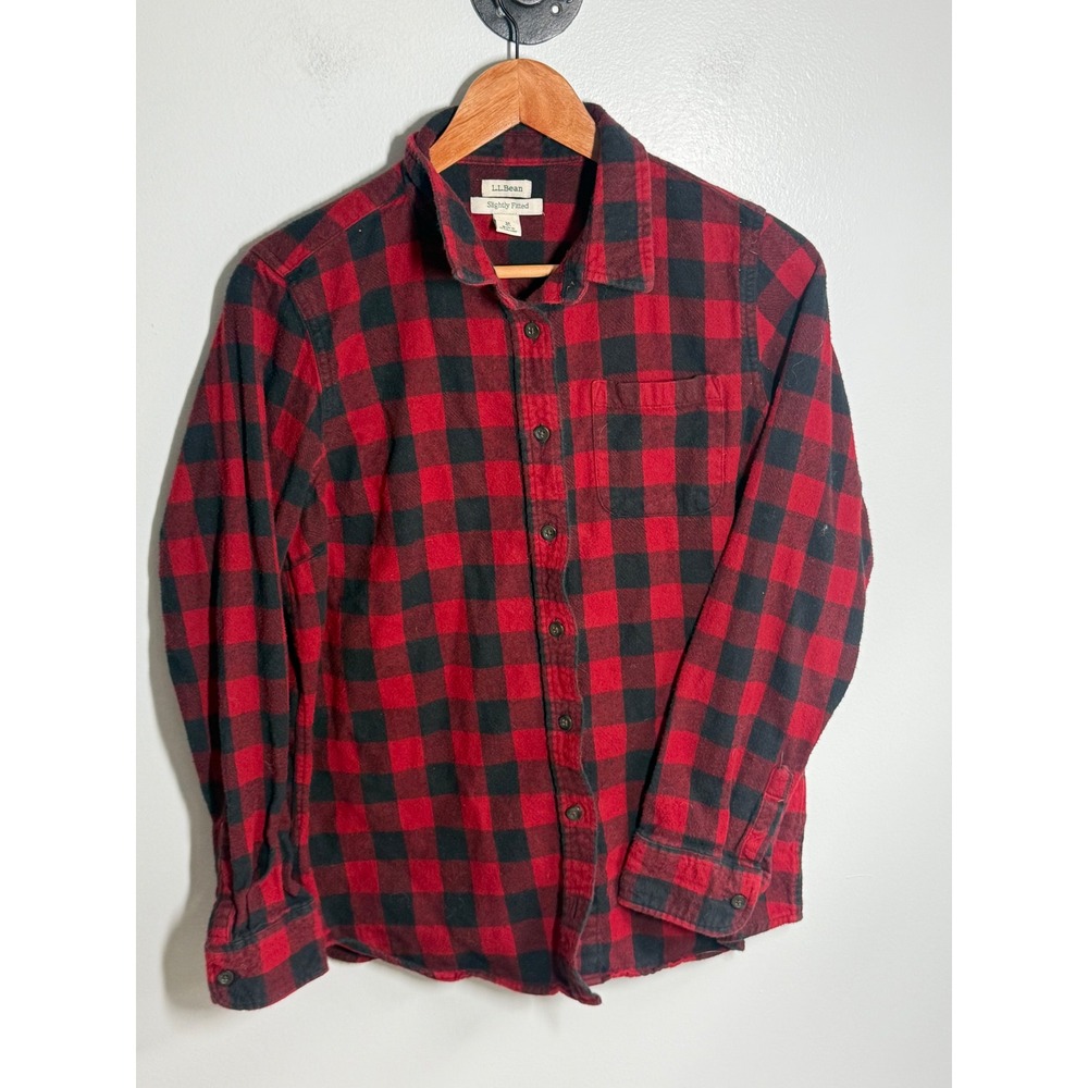 LL Bean Womens Red Black Buffalo Plaid Flannel Shirt Slightly Fitted Medium M